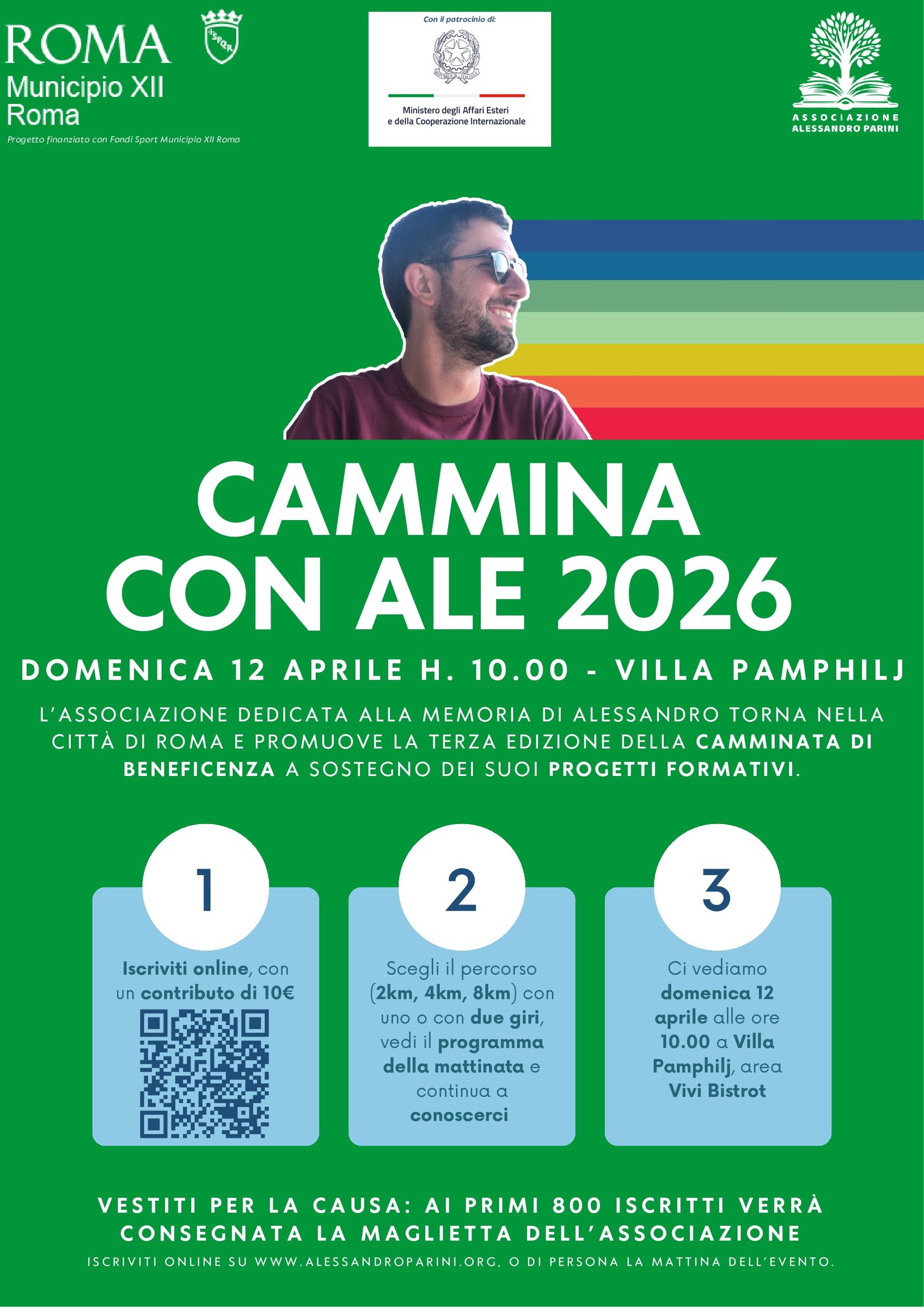 Locandina verde della Cammina con Ale 2026 con la foto di Alessandro, la data del 12 aprile e i tre passi per iscriversi.